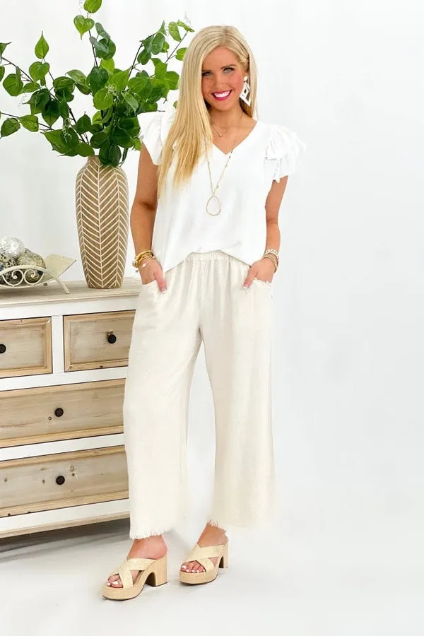 Oatmeal Wide Leg Elastic Frayed Pants