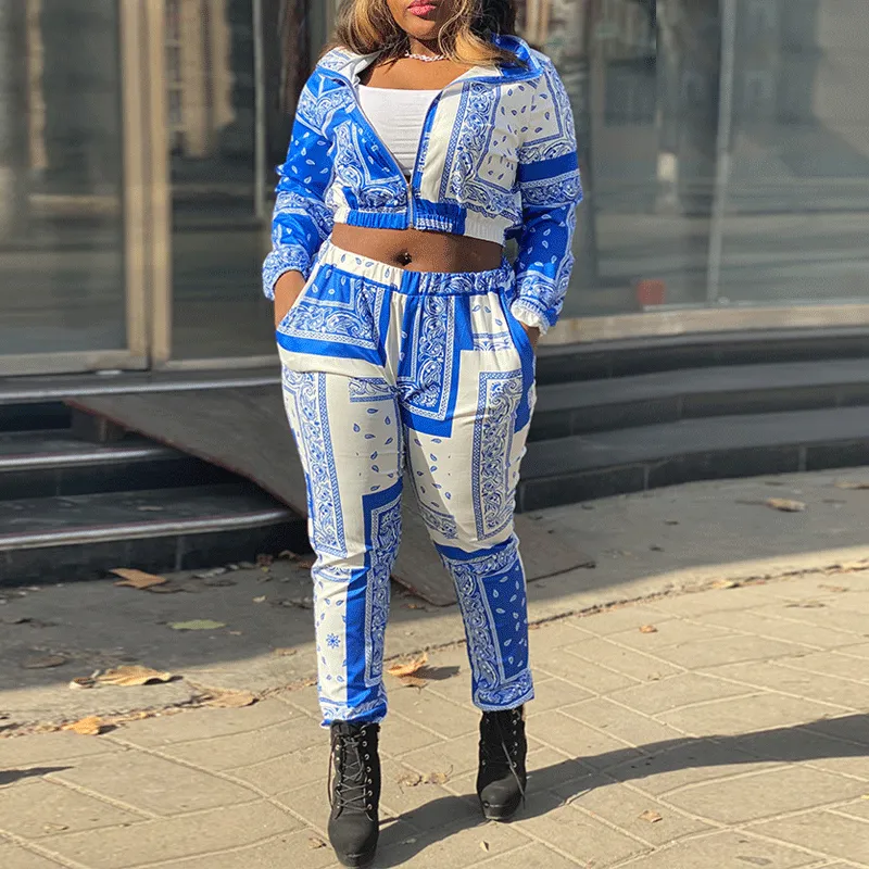 Paisley Pattern Zipper Design Coat & Pants Set