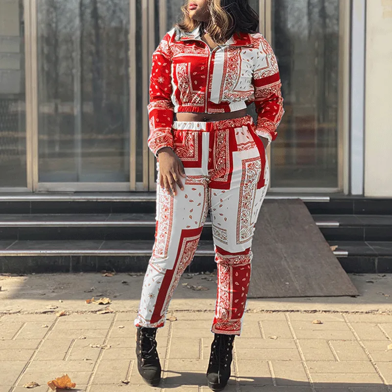 Paisley Pattern Zipper Design Coat & Pants Set