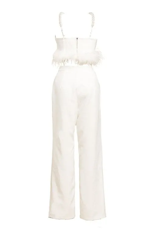 PALOMA WHITE PEARL-STRAP CROP TOP & HIGH-WAIST WIDE-LEG PANTS SET – ELEGANT 2-PIECE OUTFIT