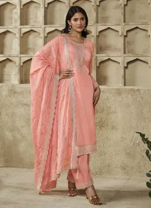 Peach Thread And Sequence Embroidery Pant Suit
