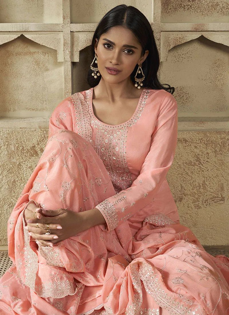 Peach Thread And Sequence Embroidery Pant Suit