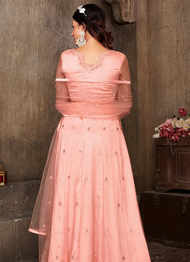 Peach Thread Embroidery Net Anarkali Suit