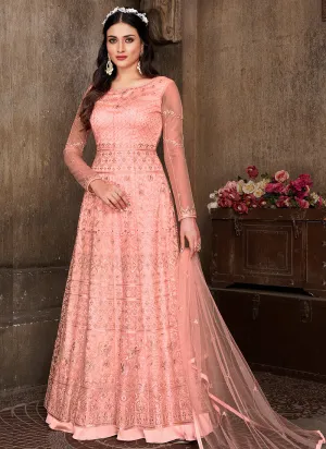 Peach Thread Embroidery Net Anarkali Suit