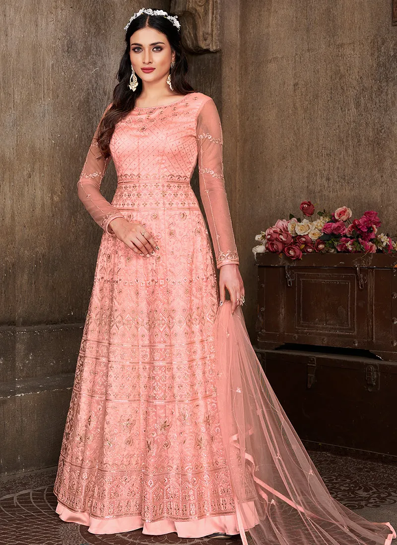 Peach Thread Embroidery Net Anarkali Suit