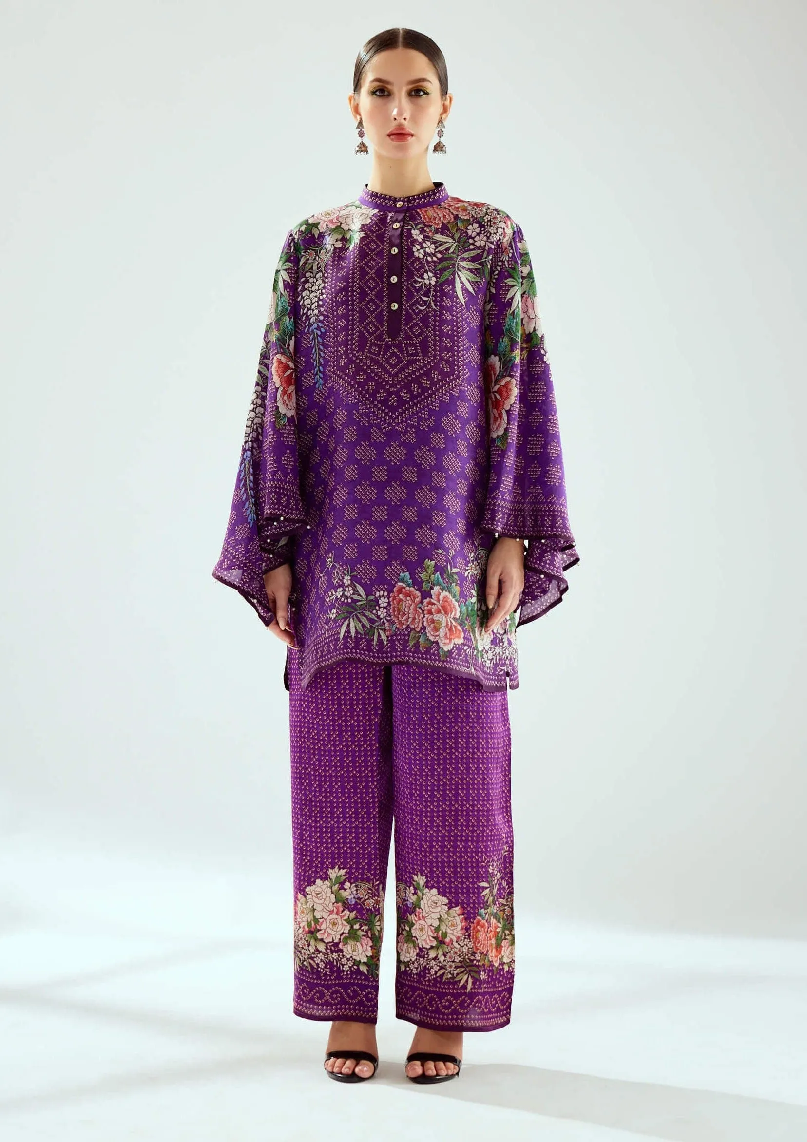 Permaz purple satin palazzo and tunic