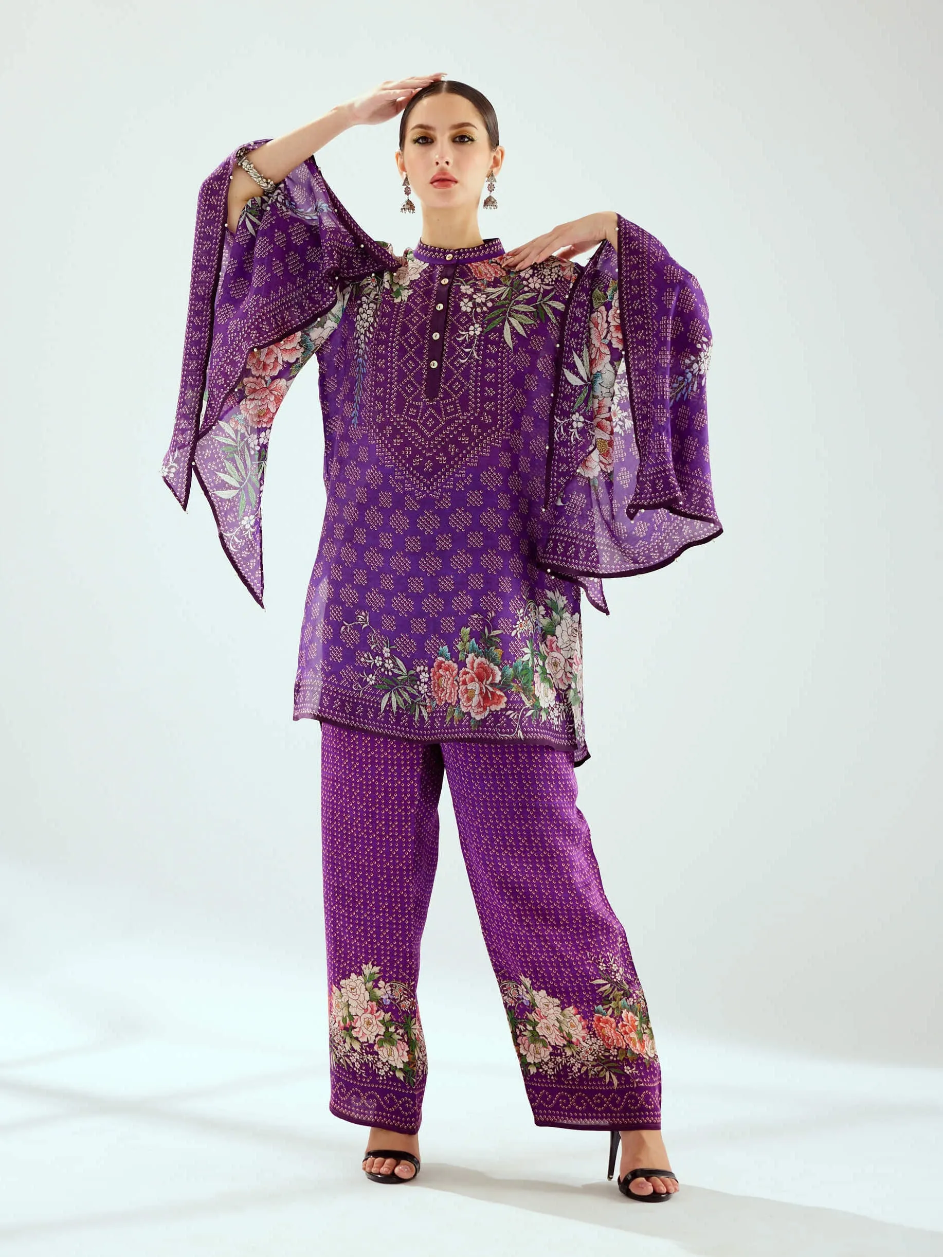 Permaz purple satin palazzo and tunic