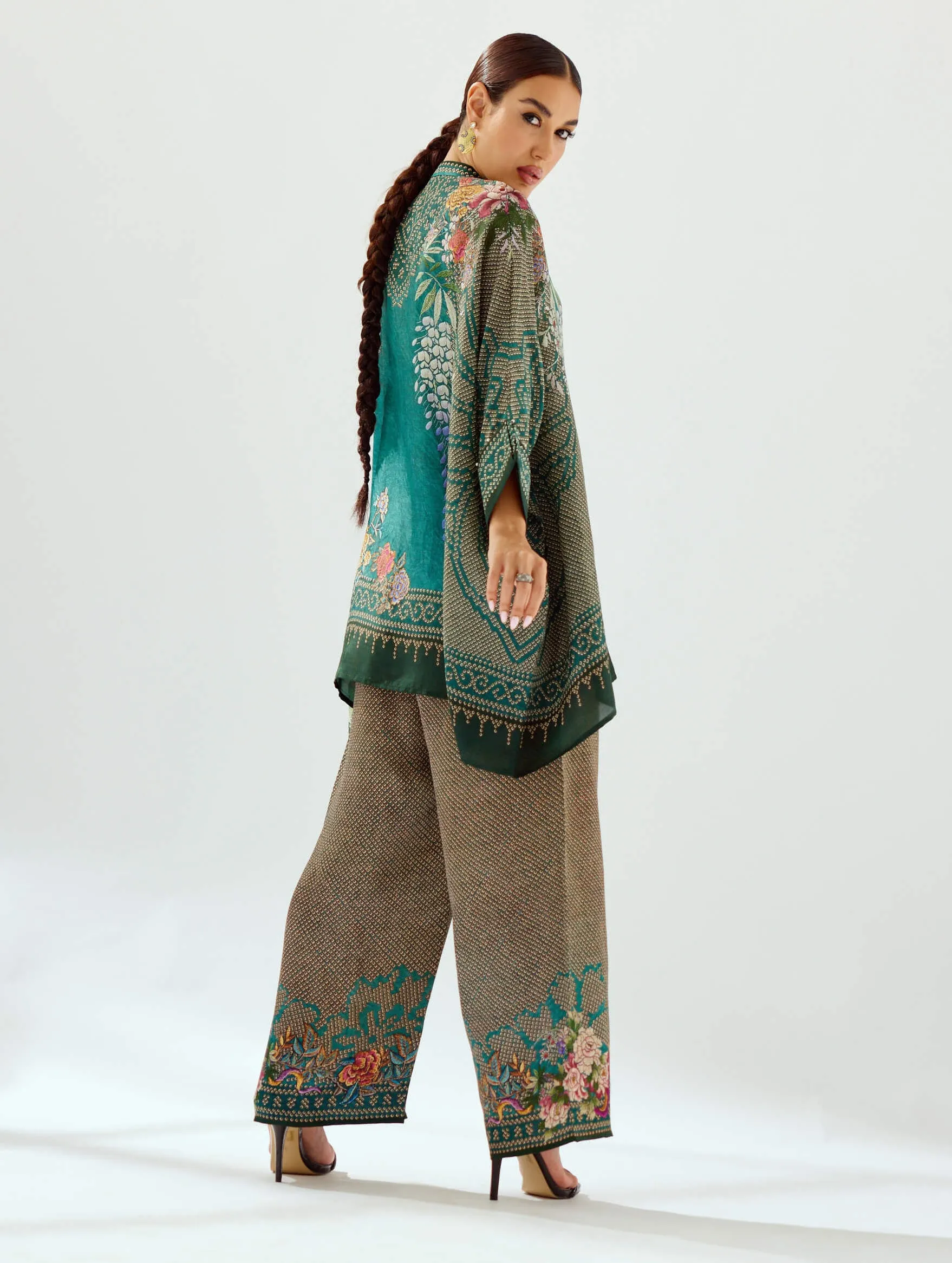 Permaz teal satin palazzo and tunic