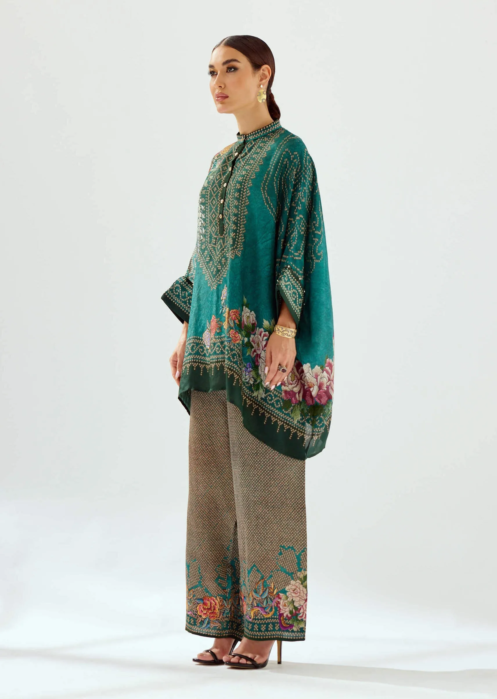 Permaz teal satin palazzo and tunic