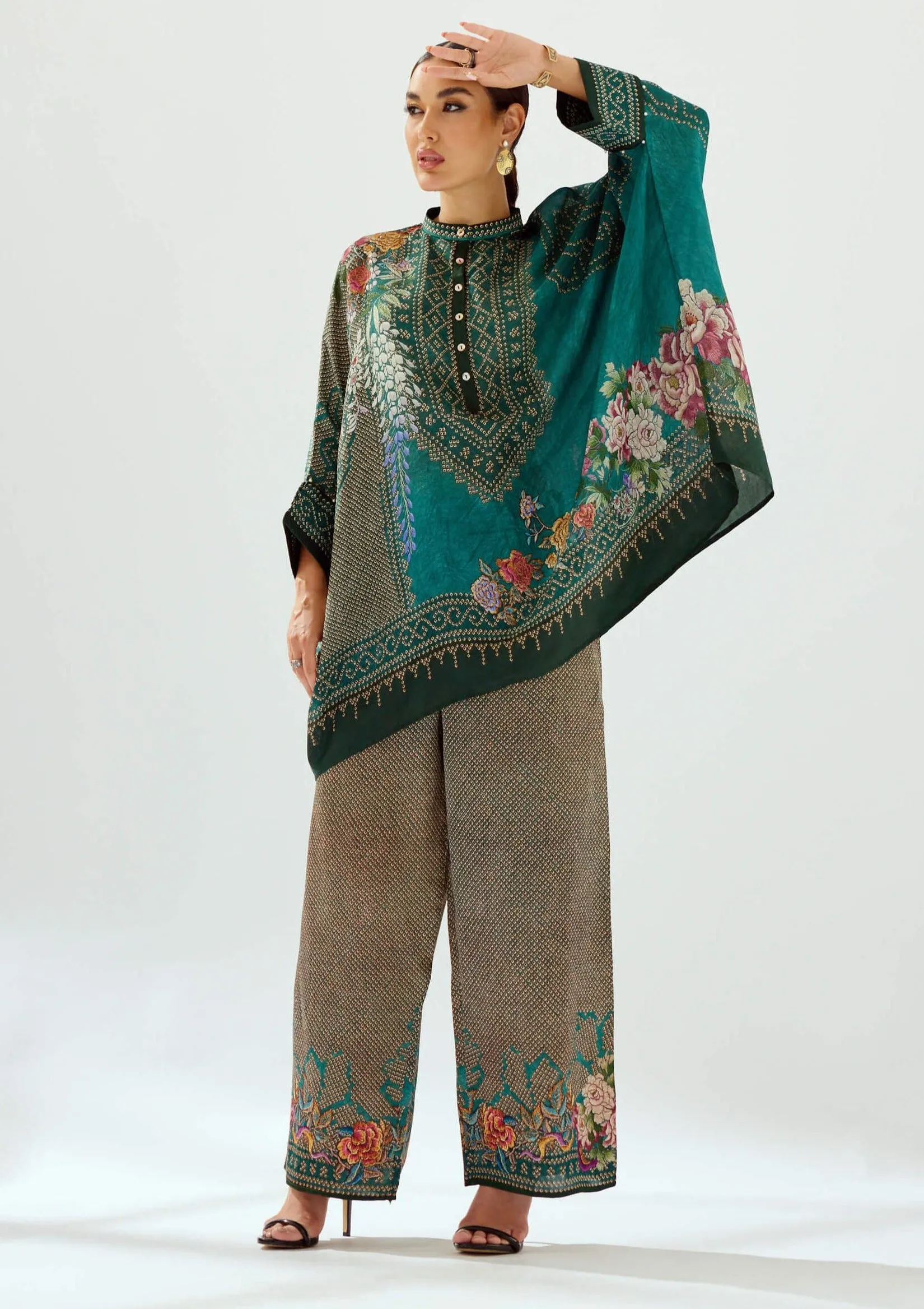 Permaz teal satin palazzo and tunic