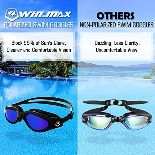 Polarized Swimming Goggles,Anti Fog Anti UV No Leakage Clear Vision Easy to Adjust,with Soft Nose Bridge for Men Women Adults Teenagers (All Black/Blue Polarized Mirrored Lens)