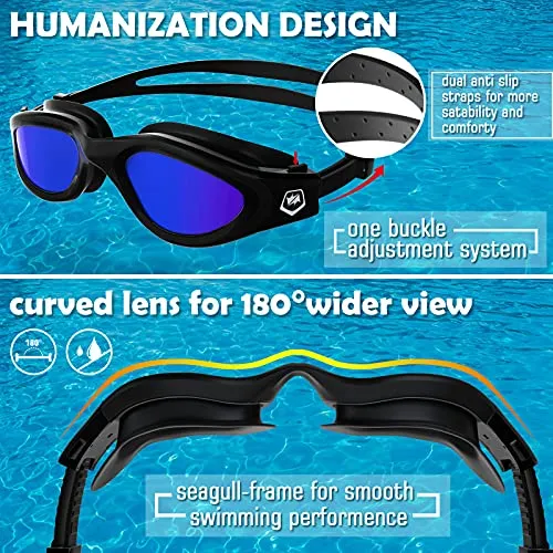 Polarized Swimming Goggles,Anti Fog Anti UV No Leakage Clear Vision Easy to Adjust,with Soft Nose Bridge for Men Women Adults Teenagers (All Black/Blue Polarized Mirrored Lens)