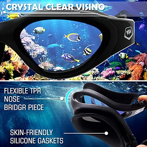 Polarized Swimming Goggles,Anti Fog Anti UV No Leakage Clear Vision Easy to Adjust,with Soft Nose Bridge for Men Women Adults Teenagers (All Black/Blue Polarized Mirrored Lens)