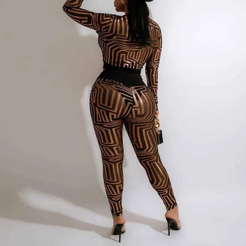 Print Button Detailed 2PCS Pants Set
