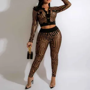 Print Button Detailed 2PCS Pants Set