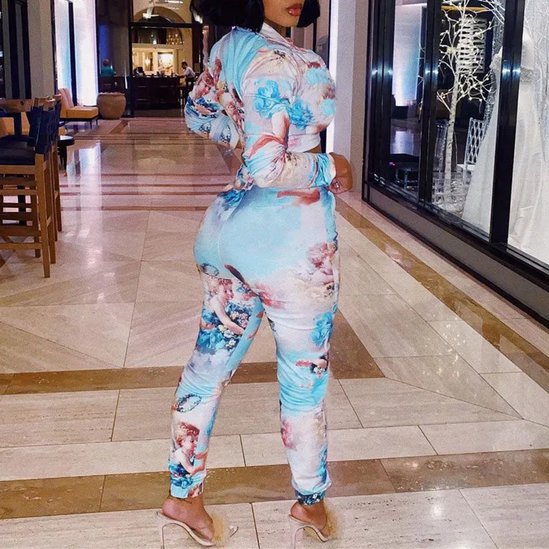 Print Long Sleeve Crop Top & Pants Set