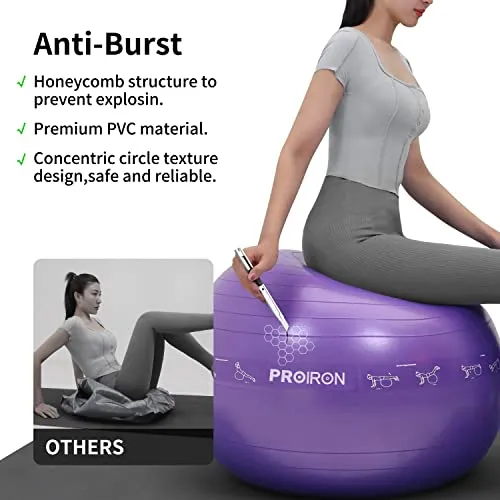 PROIRON Printed Yoga Ball-65cm Purple Exercise Ball with Postures Shown on The Yoga Ball, Pregnancy Ball, Anti-Burst Gym Ball, Swiss Ball with Pump, Birthing Ball for Yoga, Pilates, Fitness, Labour