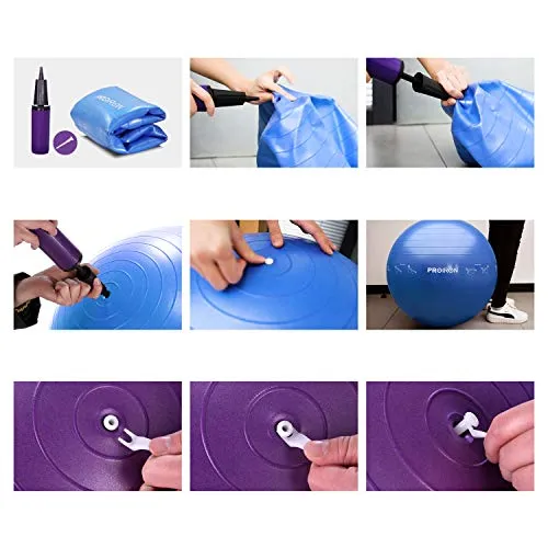 PROIRON Printed Yoga Ball-65cm Purple Exercise Ball with Postures Shown on The Yoga Ball, Pregnancy Ball, Anti-Burst Gym Ball, Swiss Ball with Pump, Birthing Ball for Yoga, Pilates, Fitness, Labour