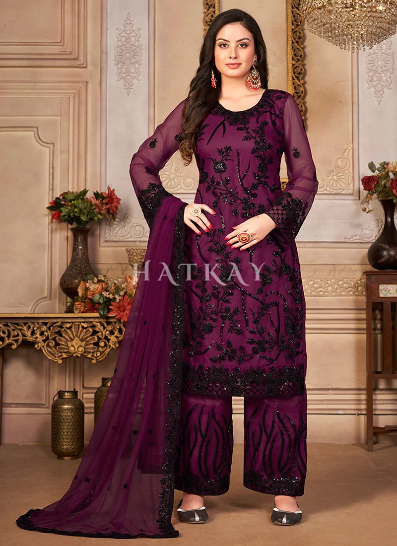 Purple Zari Embroidered Pant Style Suit
