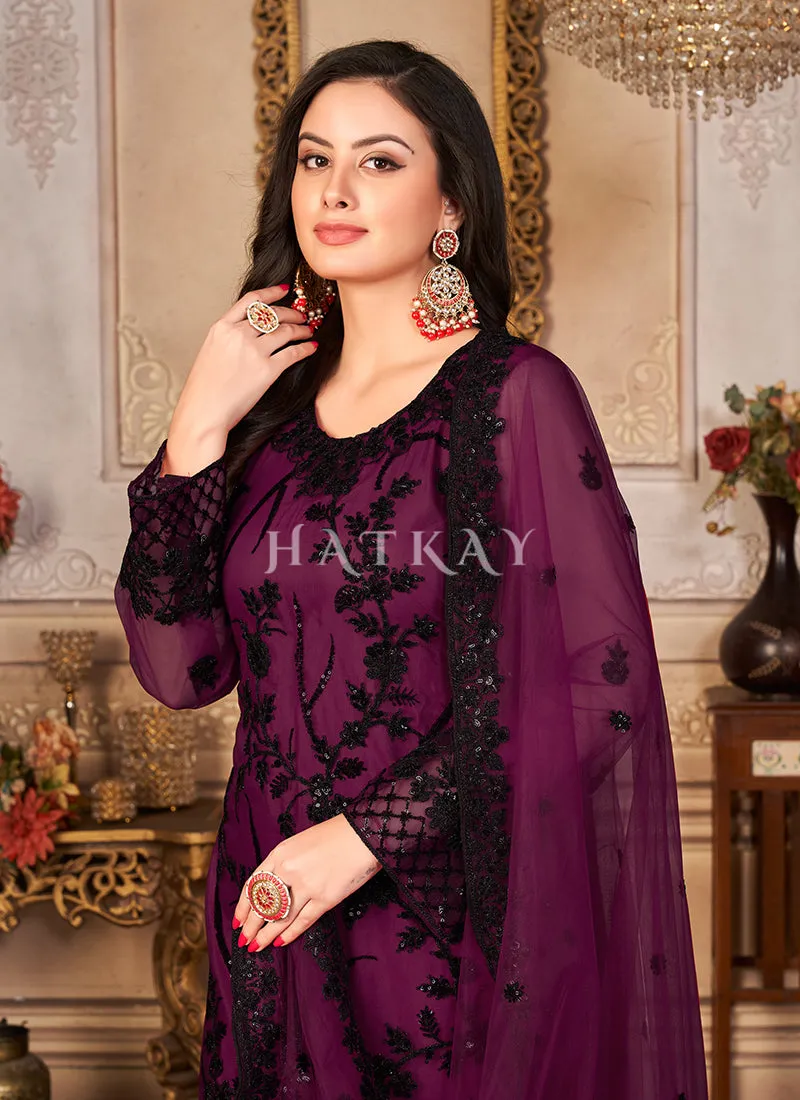 Purple Zari Embroidered Pant Style Suit