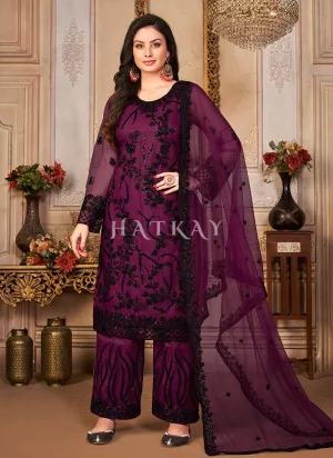Purple Zari Embroidered Pant Style Suit