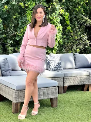 "Georgina"  Feather Detail Mini Skirt And Cropped Blazer Set
