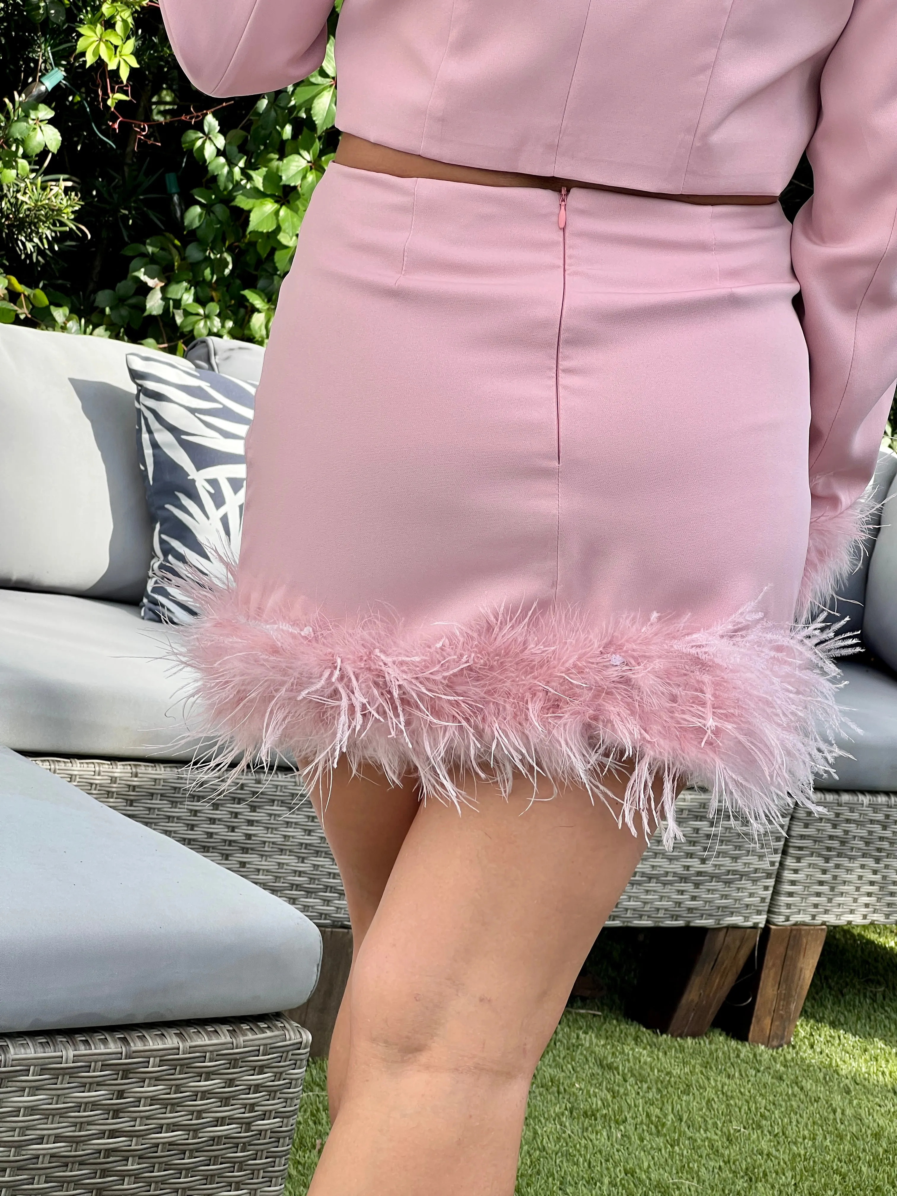 "Georgina"  Feather Detail Mini Skirt And Cropped Blazer Set