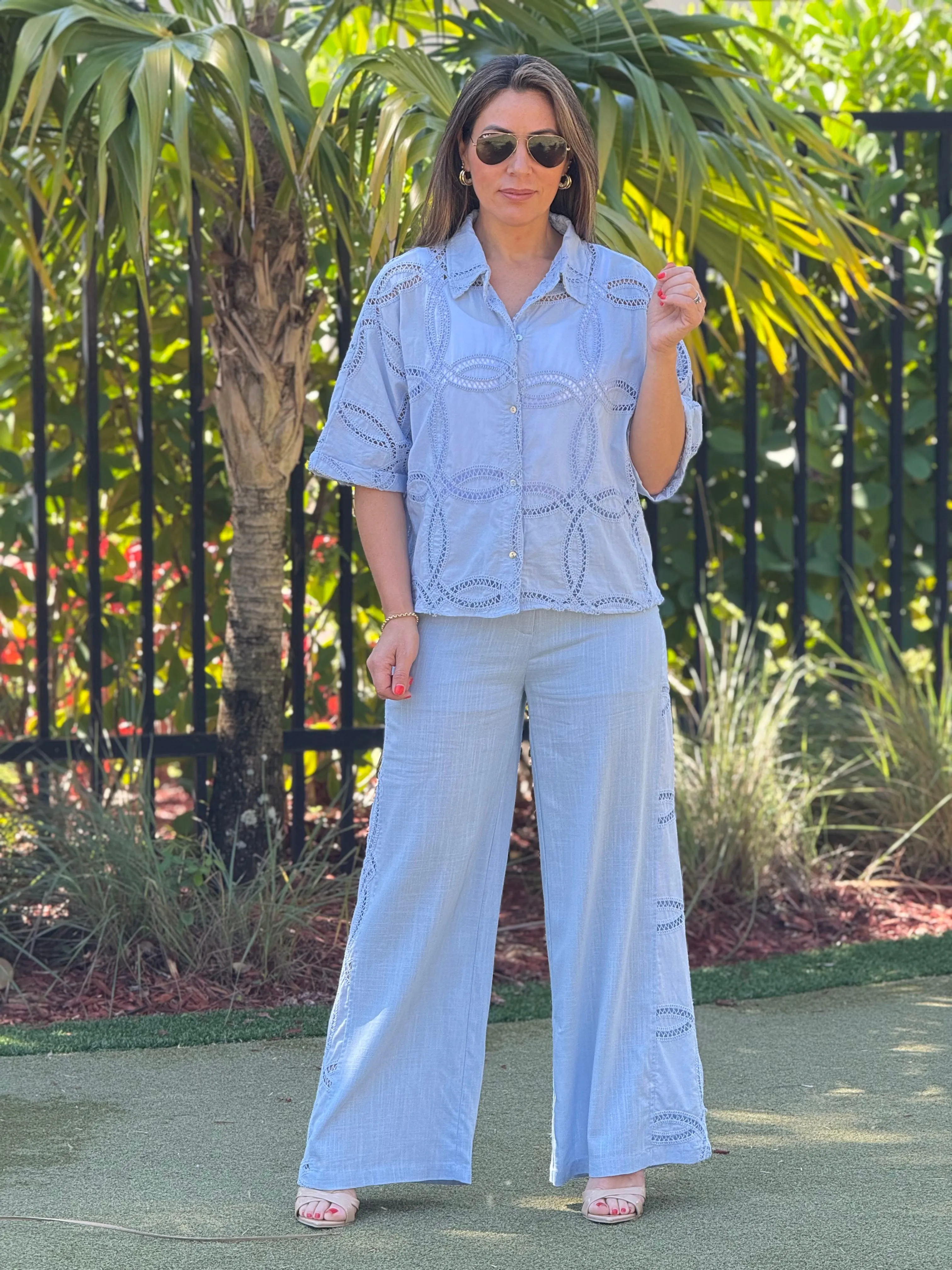 "Paz" Linen Lace Details Short Top And Matching Pants