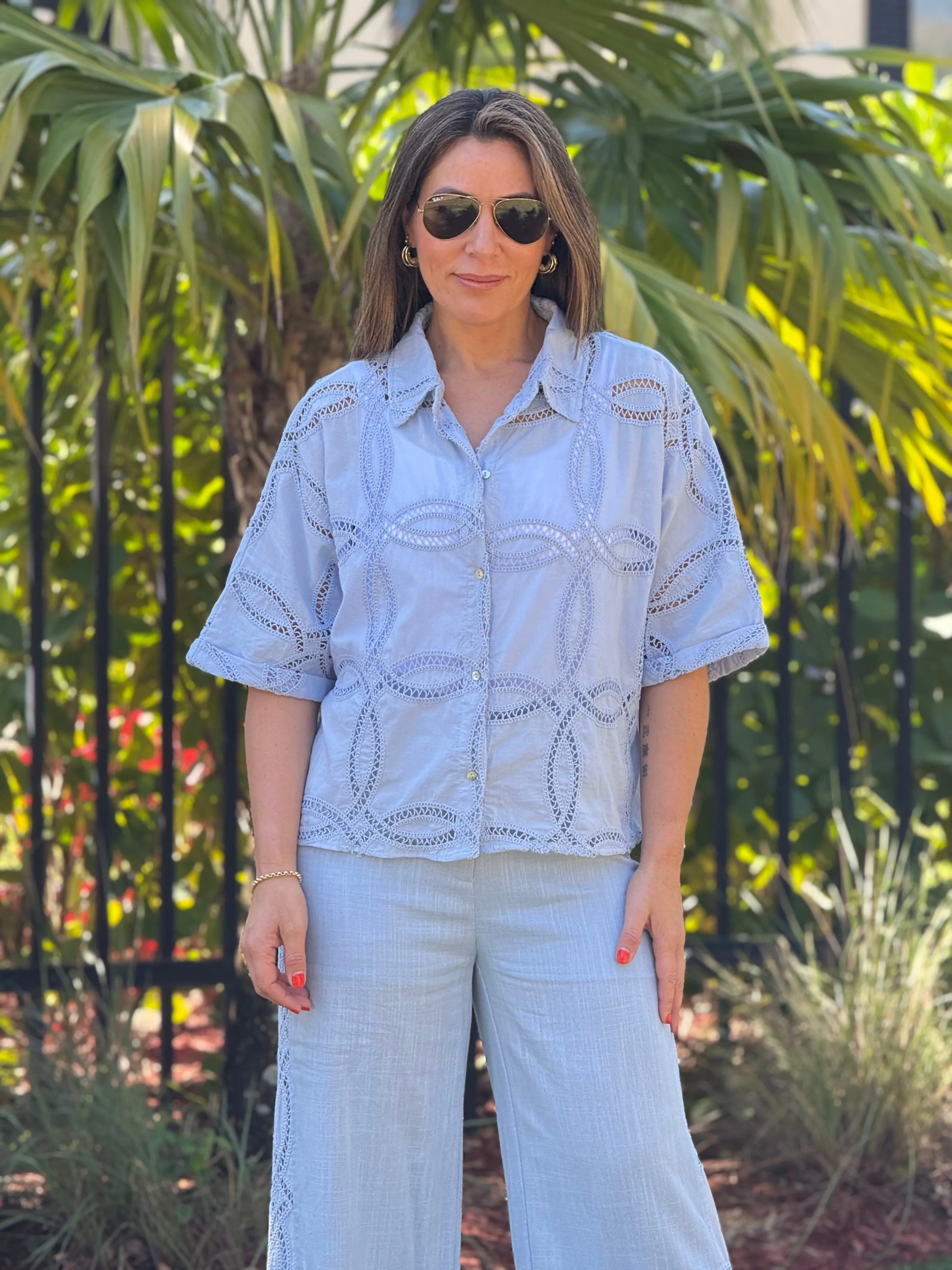 "Paz" Linen Lace Details Short Top And Matching Pants