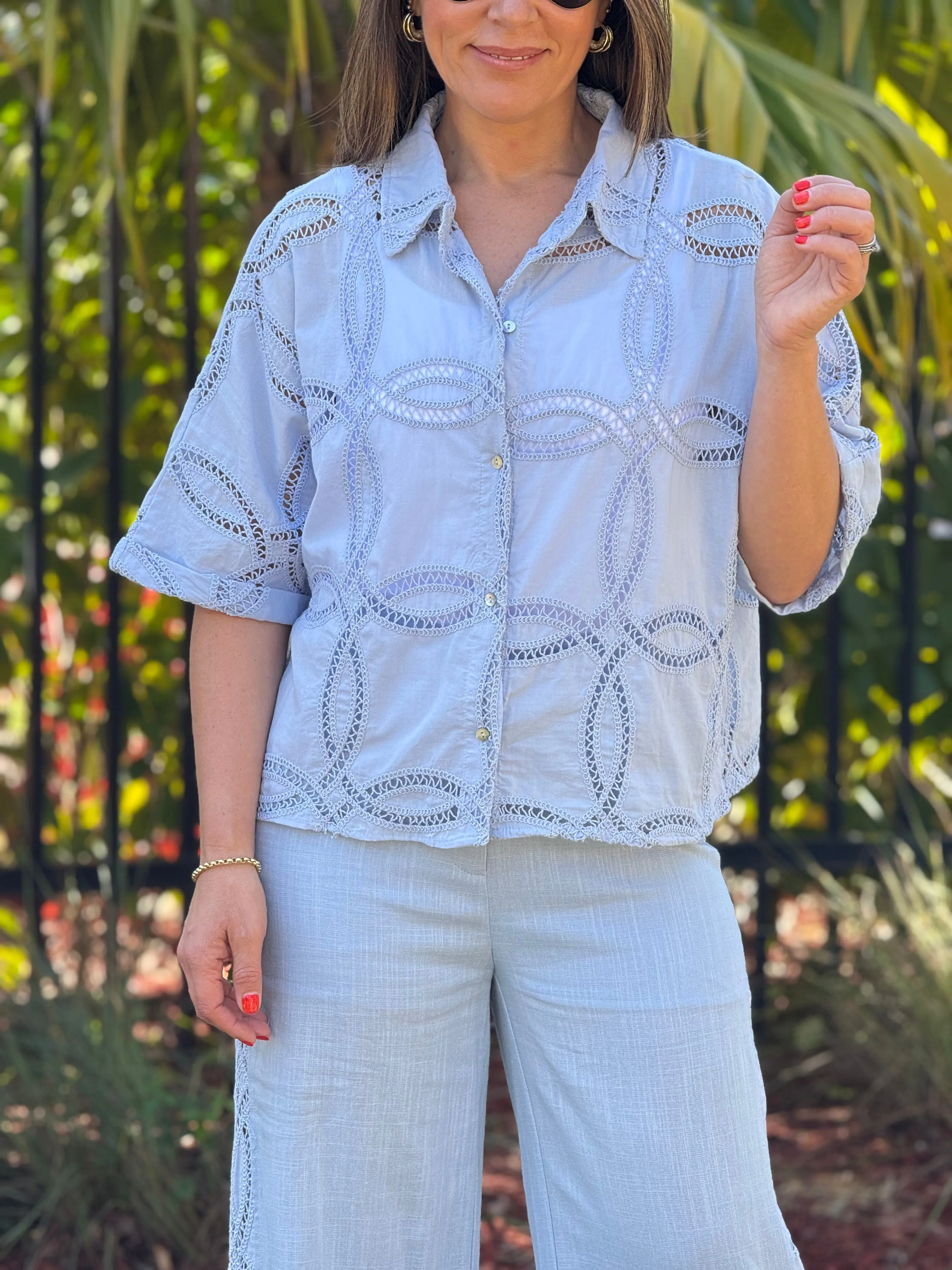 "Paz" Linen Lace Details Short Top And Matching Pants