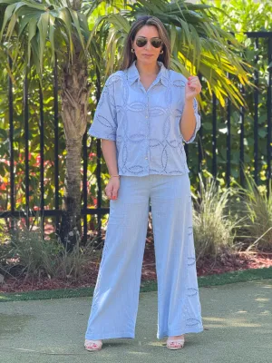 "Paz" Linen Lace Details Short Top And Matching Pants