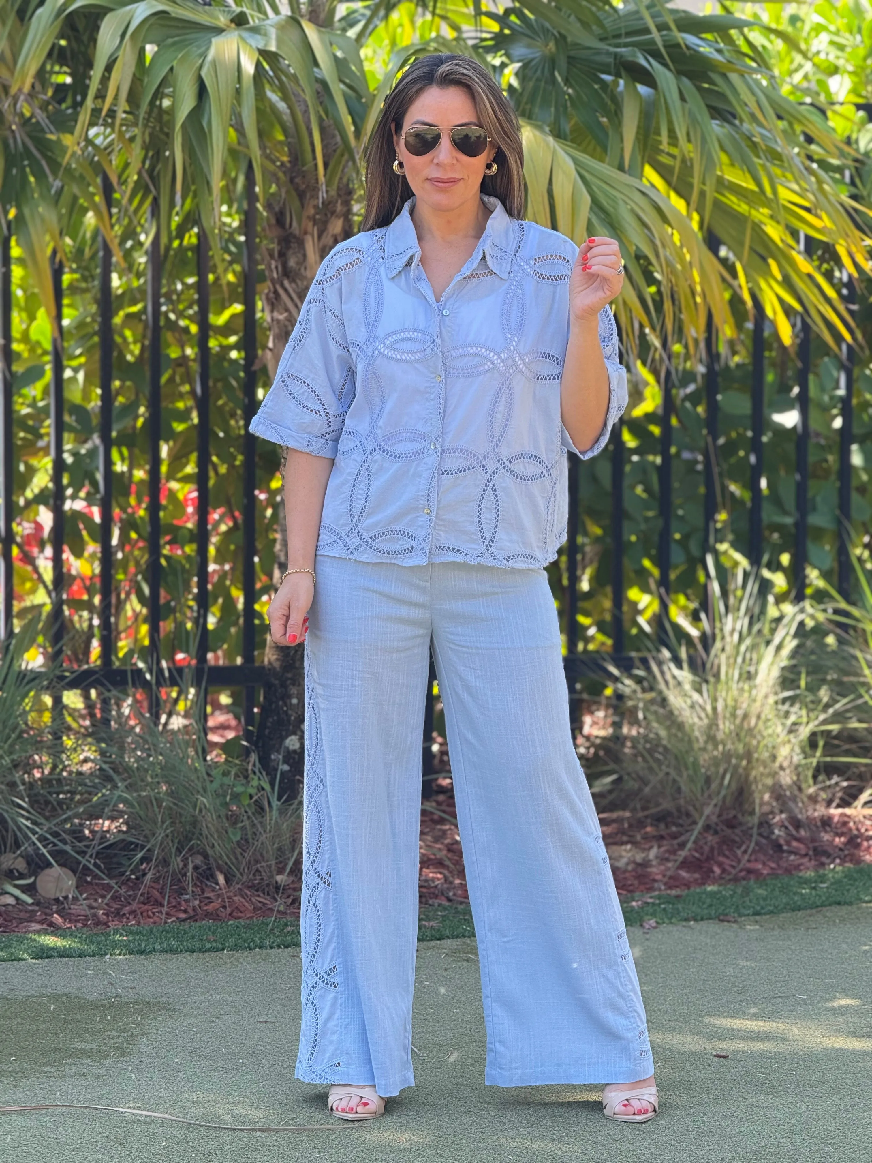 "Paz" Linen Lace Details Short Top And Matching Pants