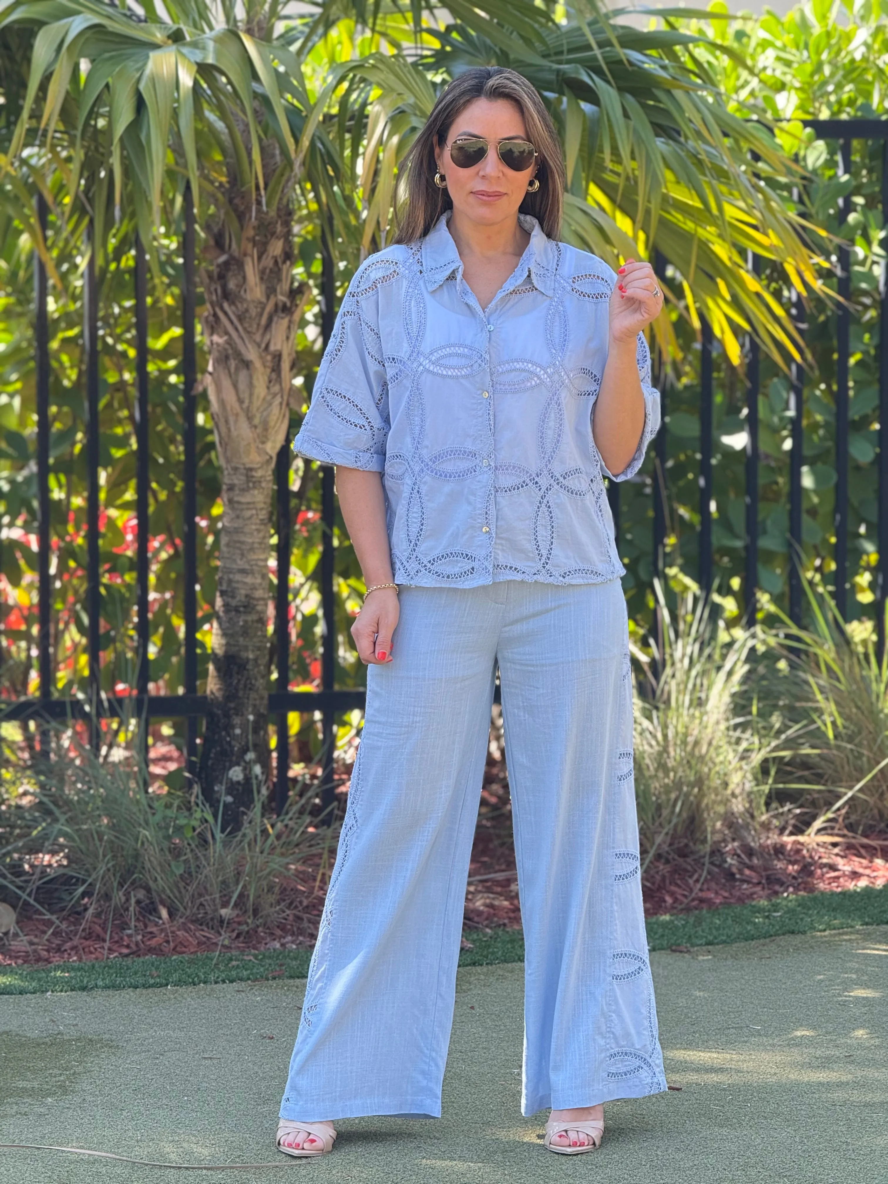 "Paz" Linen Lace Details Short Top And Matching Pants