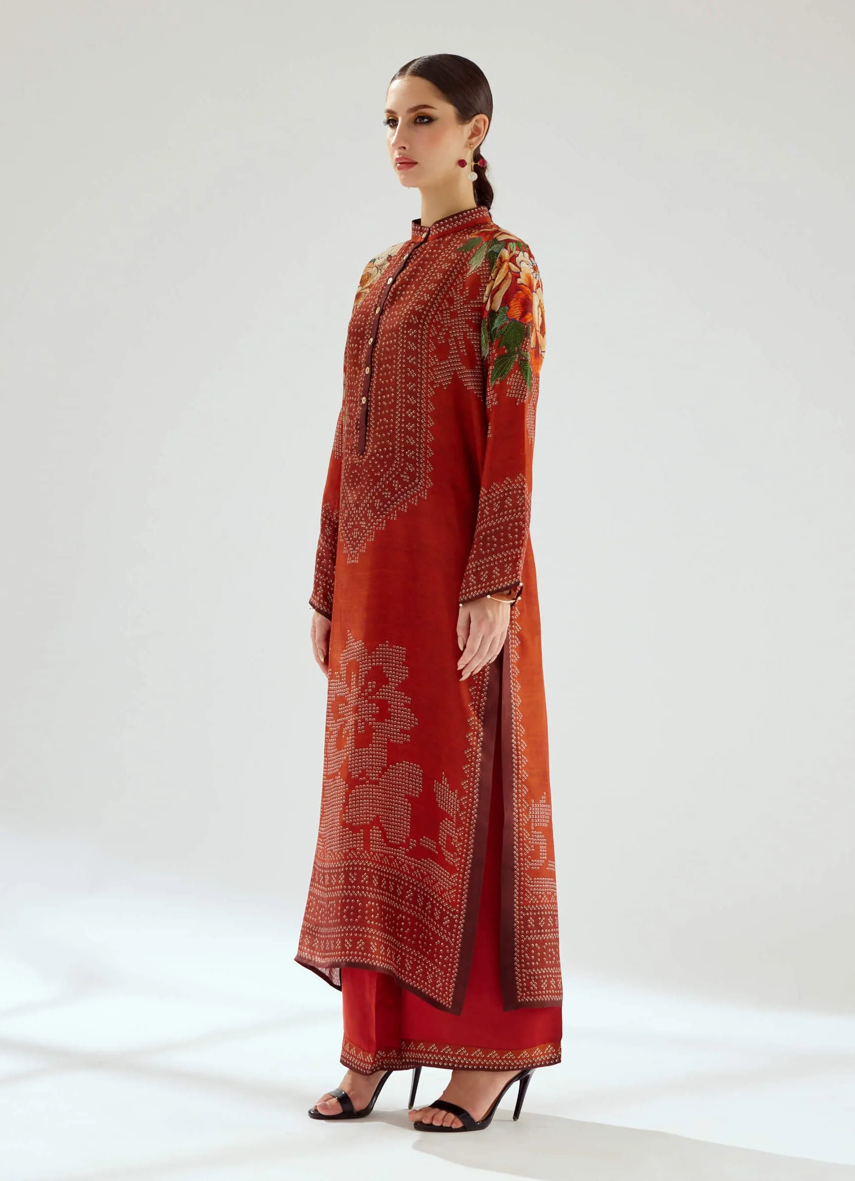 Ramin rust silk printed kurta