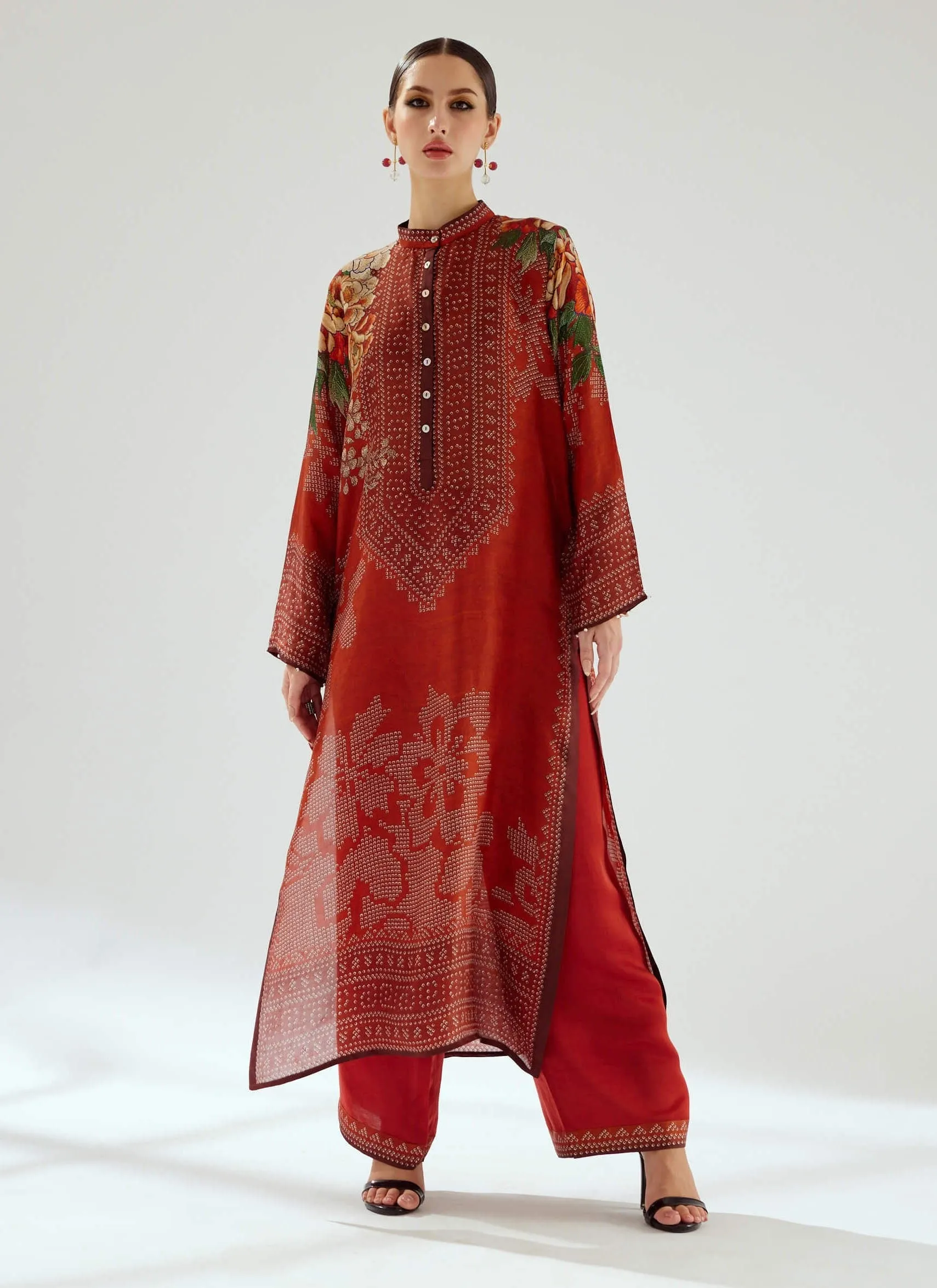 Ramin rust silk printed kurta