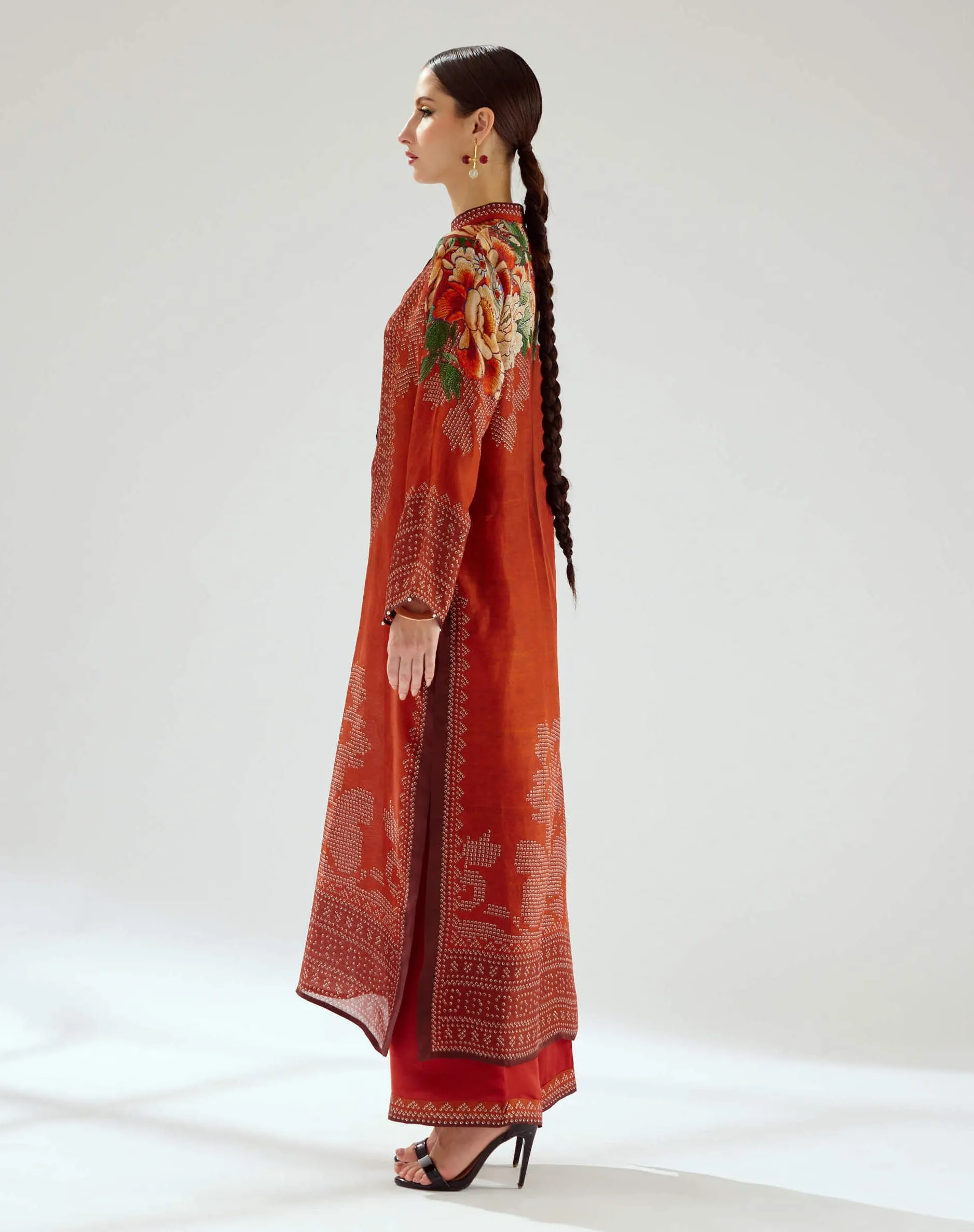 Ramin rust silk printed kurta