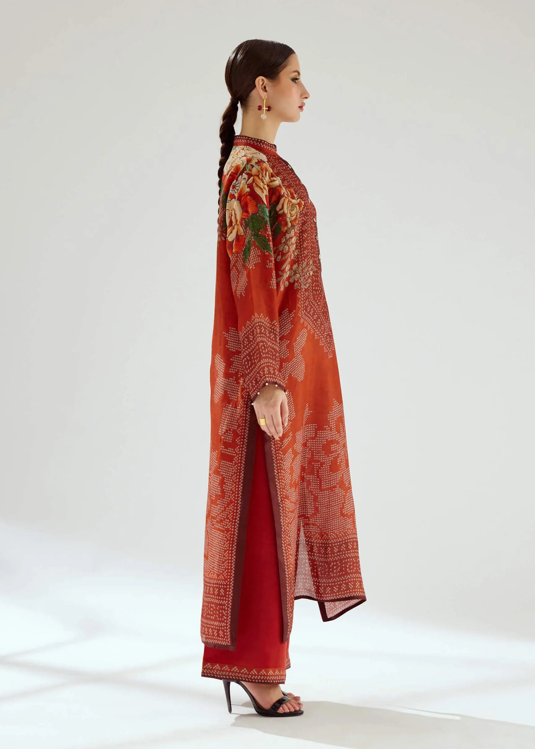 Ramin rust silk printed kurta
