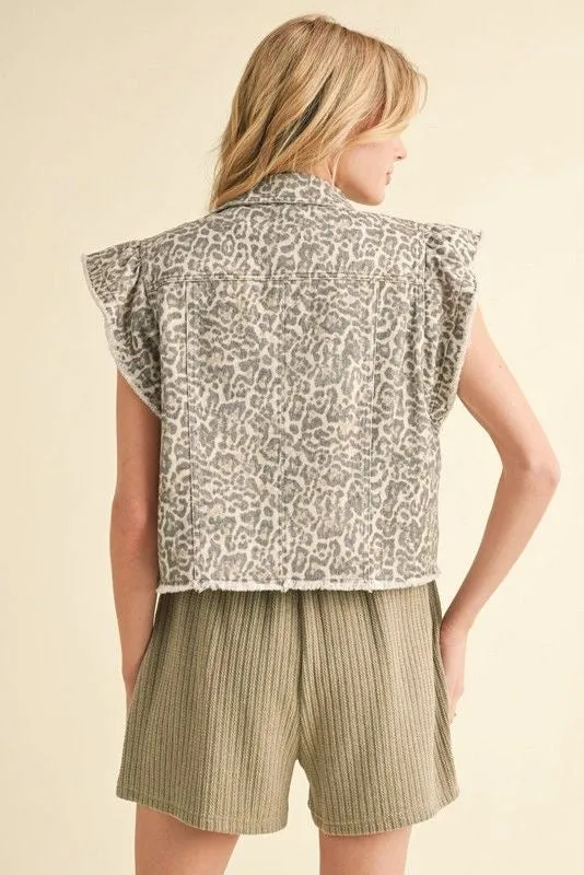 Ruffle Sleeve Leopard Denim Vest