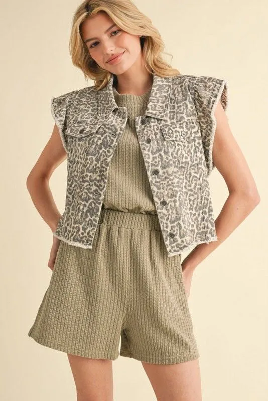 Ruffle Sleeve Leopard Denim Vest