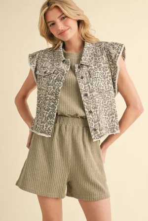 Ruffle Sleeve Leopard Denim Vest