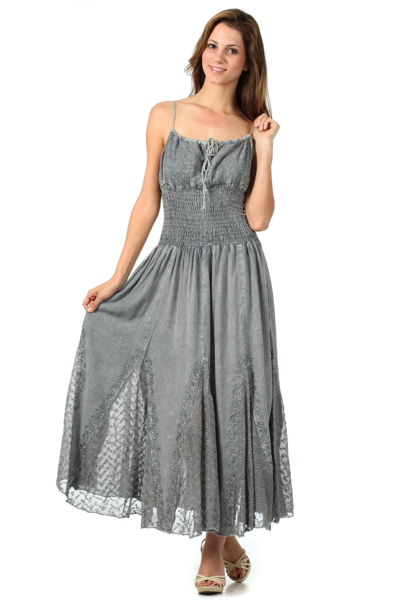 Sakkas Princess Embroidered Crepe Inlay Full Circle Skirt Dress