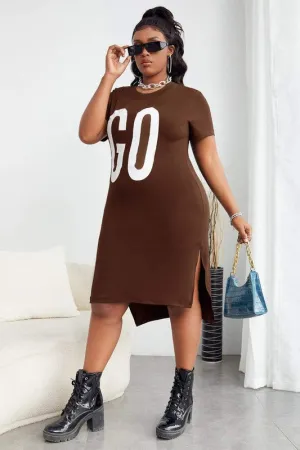 Sexy Plus Letter Graphic Split Hem Long Tee