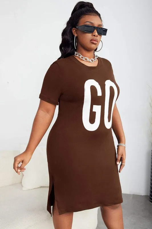 Sexy Plus Letter Graphic Split Hem Long Tee