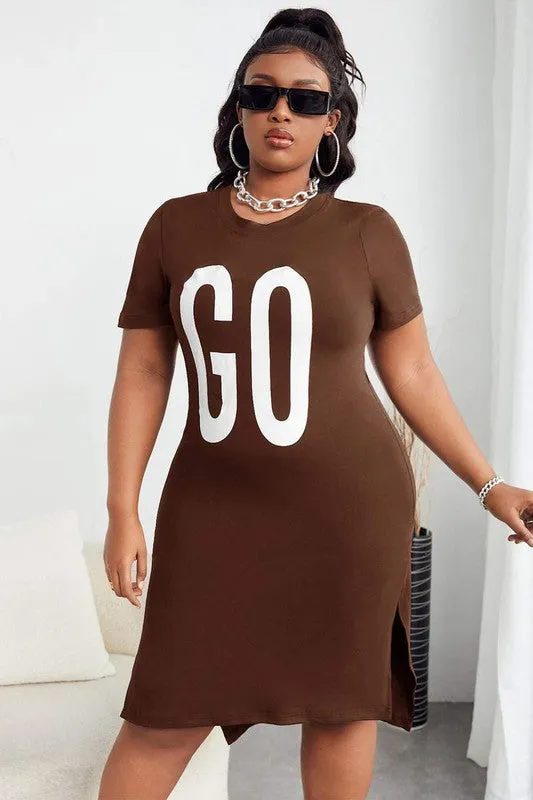 Sexy Plus Letter Graphic Split Hem Long Tee