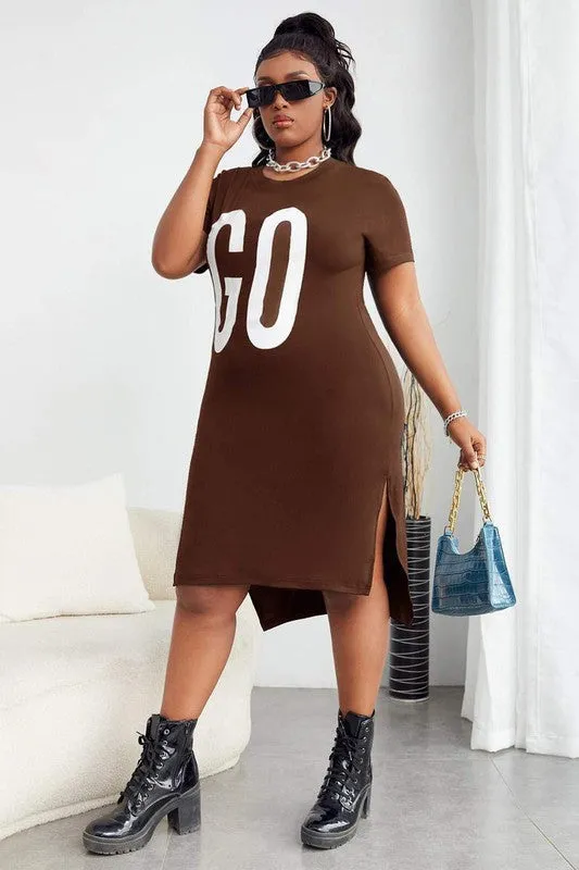 Sexy Plus Letter Graphic Split Hem Long Tee
