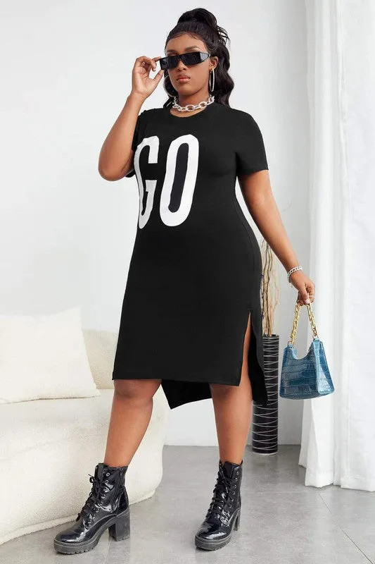Sexy Plus Letter Graphic Split Hem Long Tee