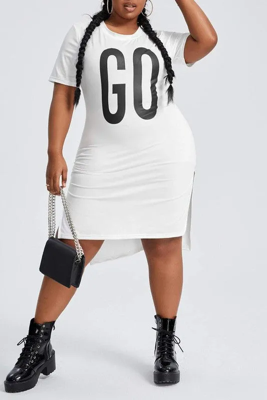 Sexy Plus Letter Graphic Split Hem Long Tee