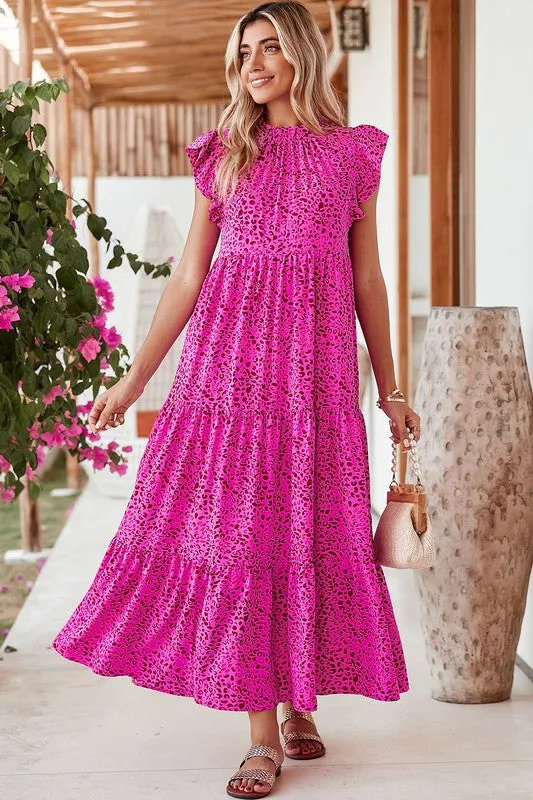 SHEWIN INC. Leopard Print Ruffle Sleeveless Maxi Dress