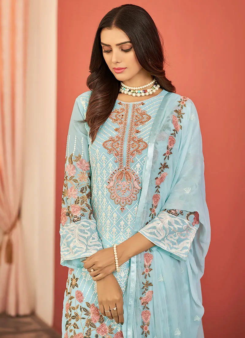Sky Blue Embroidery Pakistani Pant Style Suit