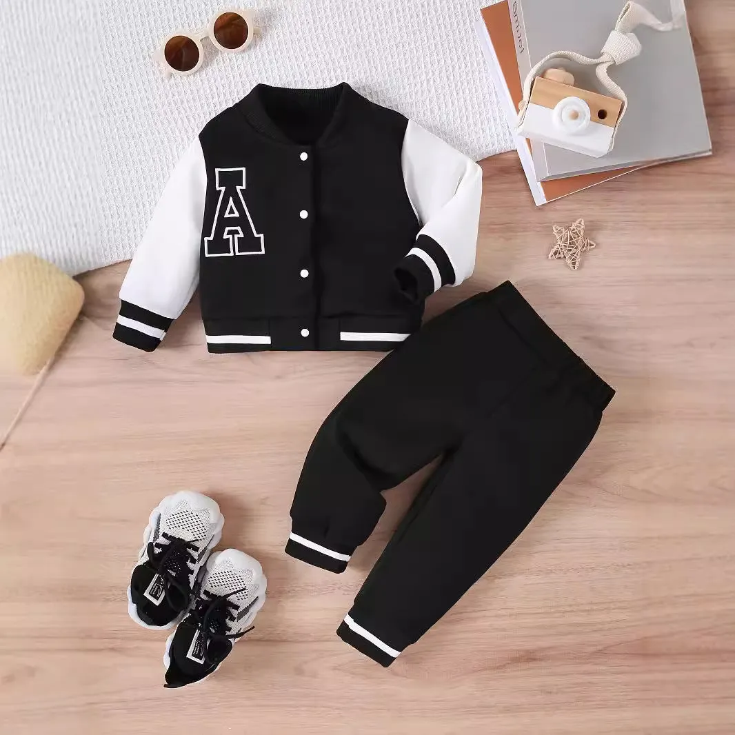 Special stitching embroidered letters baseball jacket   casual trousers baby two-piece set
